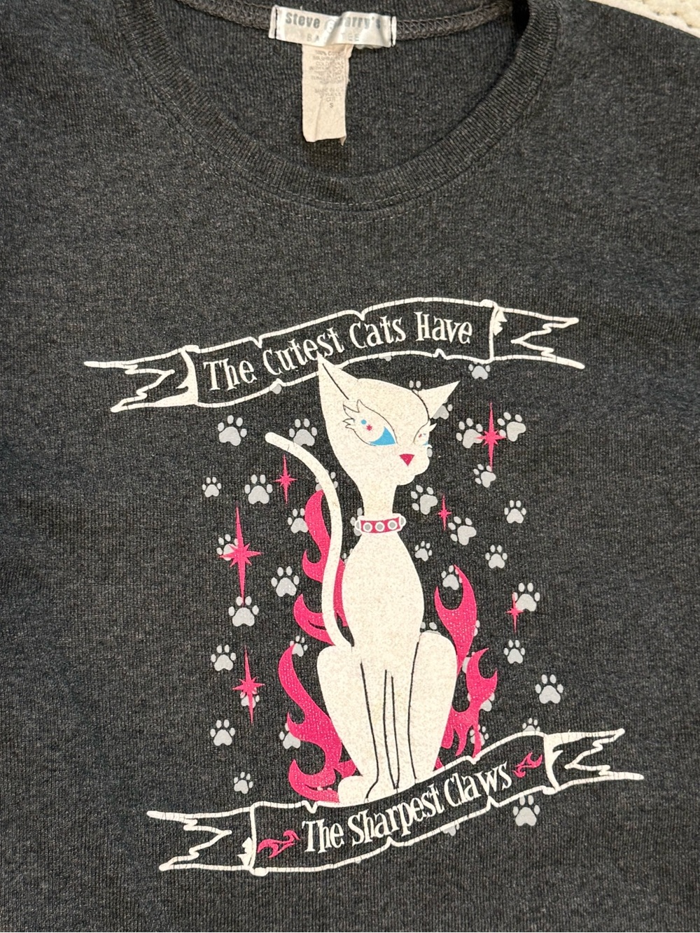 Steve & Barry's Charcoal Cat Graphic Tee with Pink & White Accents